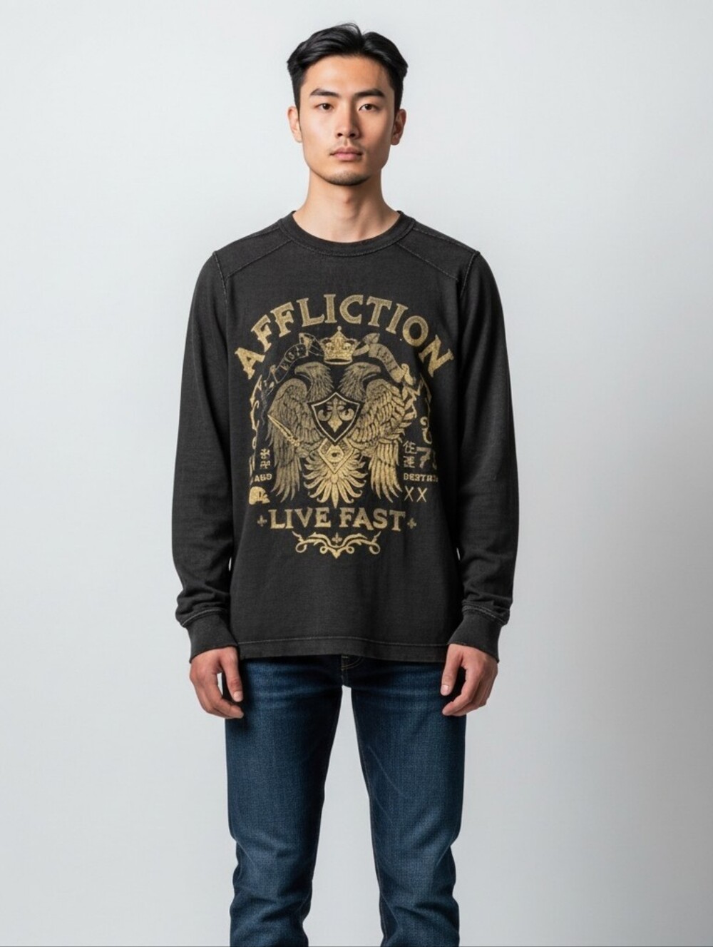Affliction Live Fast 1973 Black Reversible Tee Long Sleeve Men's T-shirt Size S